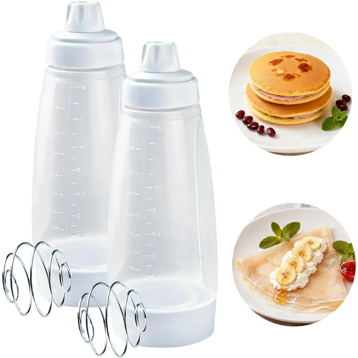 Pancake Batter Dispenser with Blender Balls, 2 Pack – Mixer & Dispenser Bottle with Whisk Balls, Kitchen Shaker Tool for Cupcakes, Muffins, Crepes (White)