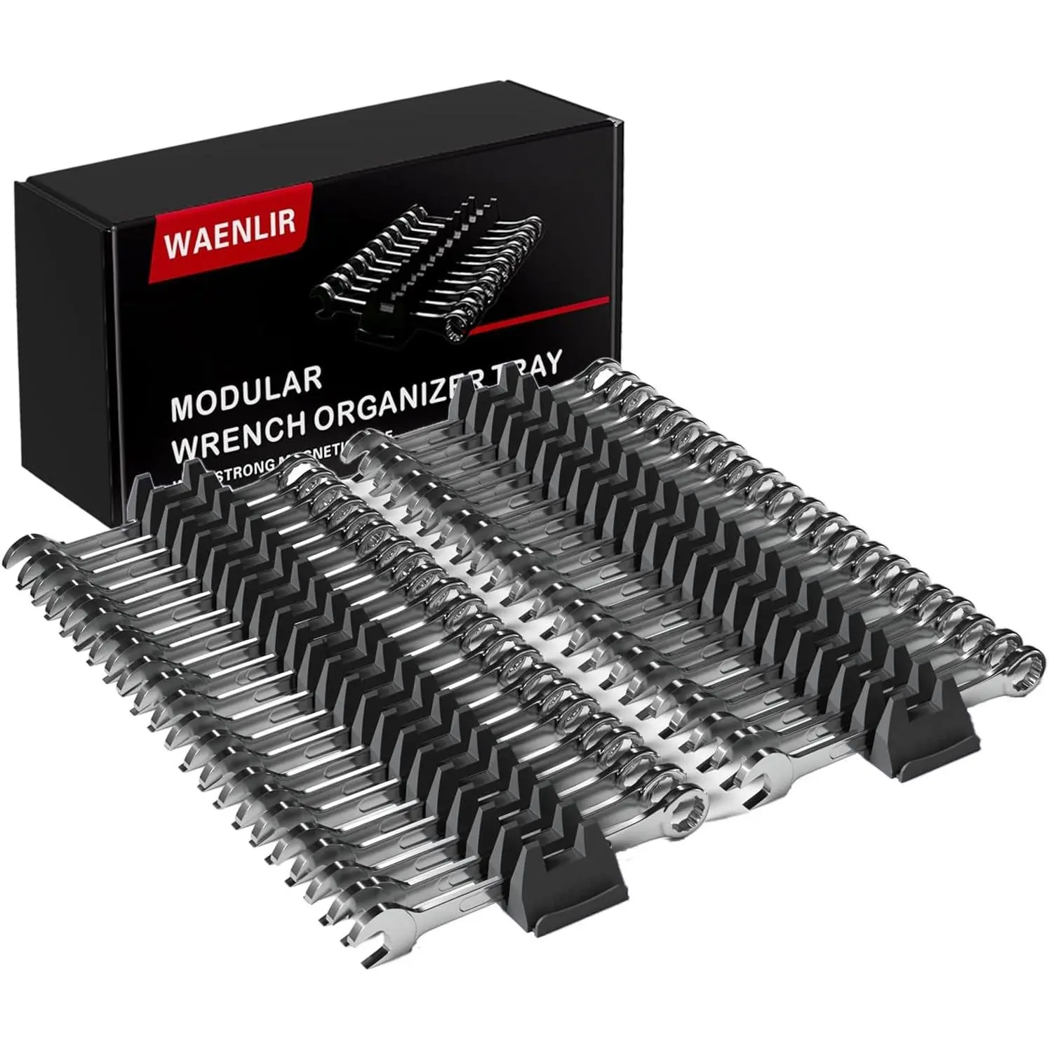 48PCS Magnetic Modular Wrench Organizer Set-Tool Drawer Storage Rack with Metric&SAE Labels, Wrench Holder with Magnet, Perfect Tool Gift for Men, father, boyfriend, DIYers & Mechanics (Black)
