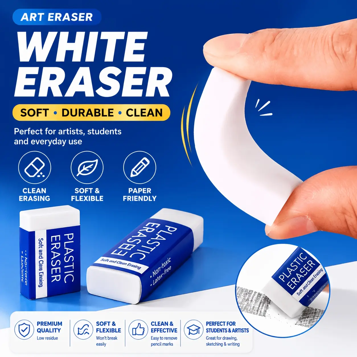 Back-to-School Essential 2B White Art Eraser,Pack of 10/16. Soft &Easy to Erase with LessCrumbs,Drawing Eraser forStudents’ Exams, Writing and Sketching. Paper-friendly, Clean and Smudge-free. Universal Stationery Refill for Home, Classroom and Office Use