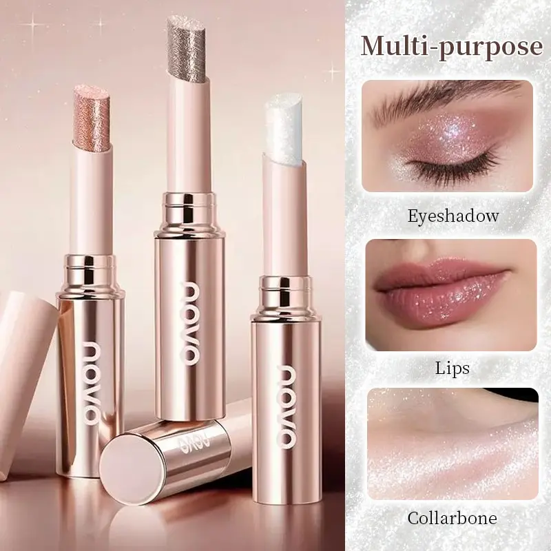 NOVO 4-Color Metallic Shimmer Glitter Eyeshadow Stick – Waterproof, Creamy, Glossy Finish; Portable Travel-Friendly Eye Makeup; Ideal Gift for Valentine's Day, Halloween, Christmas, or Everyday Looks.