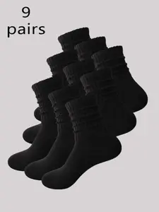 9 Pairs Women's Socks, Loose Stack Socks, Pure Color Jk Stacked Socks, College Style Warm Mid-Calf, Bubble Socks, Comfortable Breathable