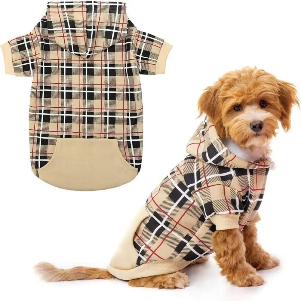 Checkered Plaid British Look Dog Hoodie - Warm Winter 1-Piece Coat with Leash Hole, Universal Fit for Puppy/Adult All Breeds, Pitbull Apparel, Beige Small, Cat Clothes, One-Piece