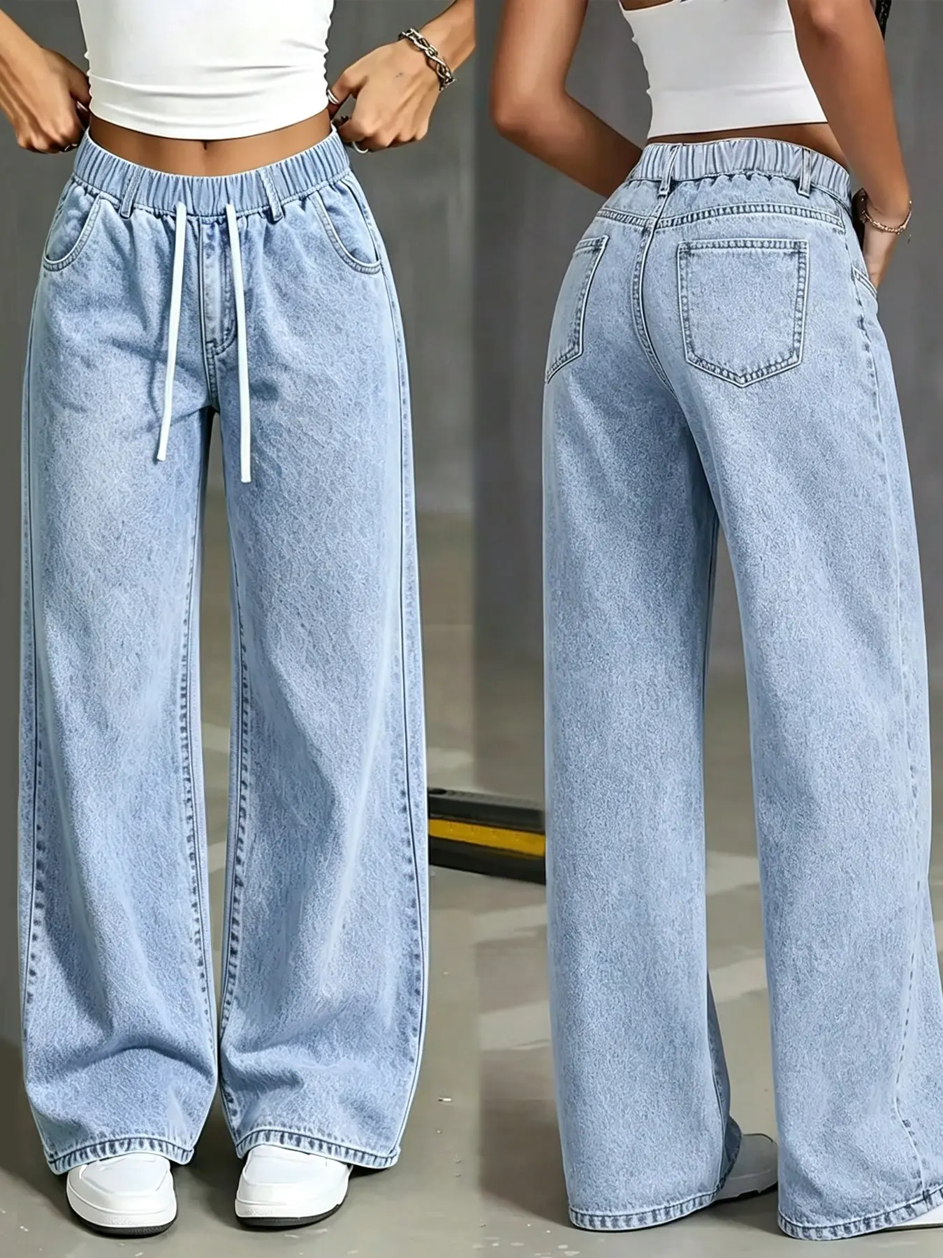 Women's Loose-Fit Wide Leg Jeans, Elastic Waist Adjustable Drawstring, Light Wash Distressed, Casual Straight Leg Pants for All Seasons