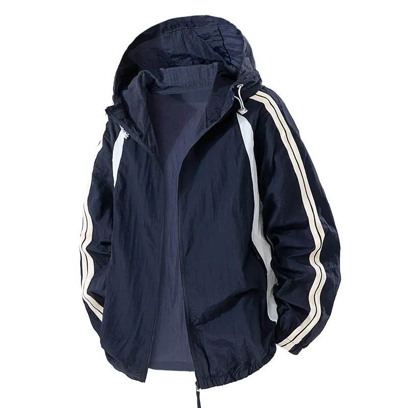 Men's Hooded Zip-Up Lightweight Windbreaker Jacket - Colorblock Side Stripes, Detachable Drawstring Hood, Elastic Cuffs & Hem, Loose Fit, Wrinkle-Resistant Quick-Dry Fabric, Machine Washable Sports Outerwear for Daily Sports Travel, Menswear, Coats, Tops