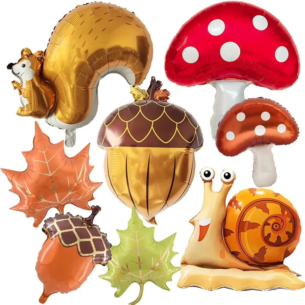 Cute Cartoon Character Balloons - Squirrel, Hazelnut, Mushroom, Snail, Maple Leaf Foil Balloons for Happy Thanksgiving Party Decor Supplies, Kids' Favor Gifts