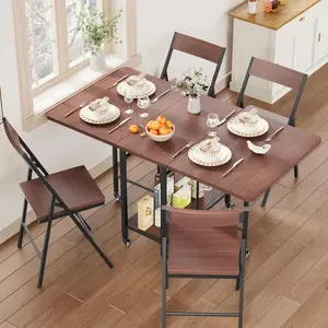 Folding Dining Table and Chairs Set for 4, Drop Leaf Expandable Kitchen Dinner Table with Storage Space & Lockable Swivel Wheels, 4 Foldable Chairs, Space-Saving Rectangle Dining Table Set for Apartment, Small Space, Kitchen, Dining Room