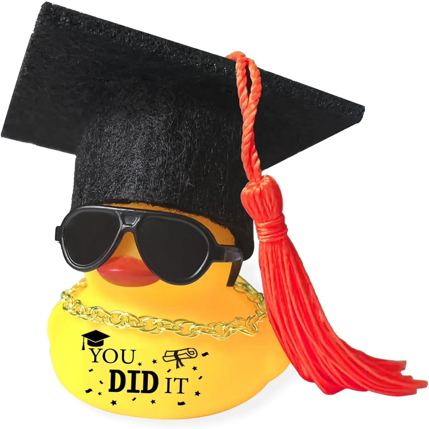 Dashboard Decor Graduation Hat Rubber Duck,  Accessories Ornaments with Mini Graduation Cap, Necklace, Sunglasses for Graduates Students Grad
