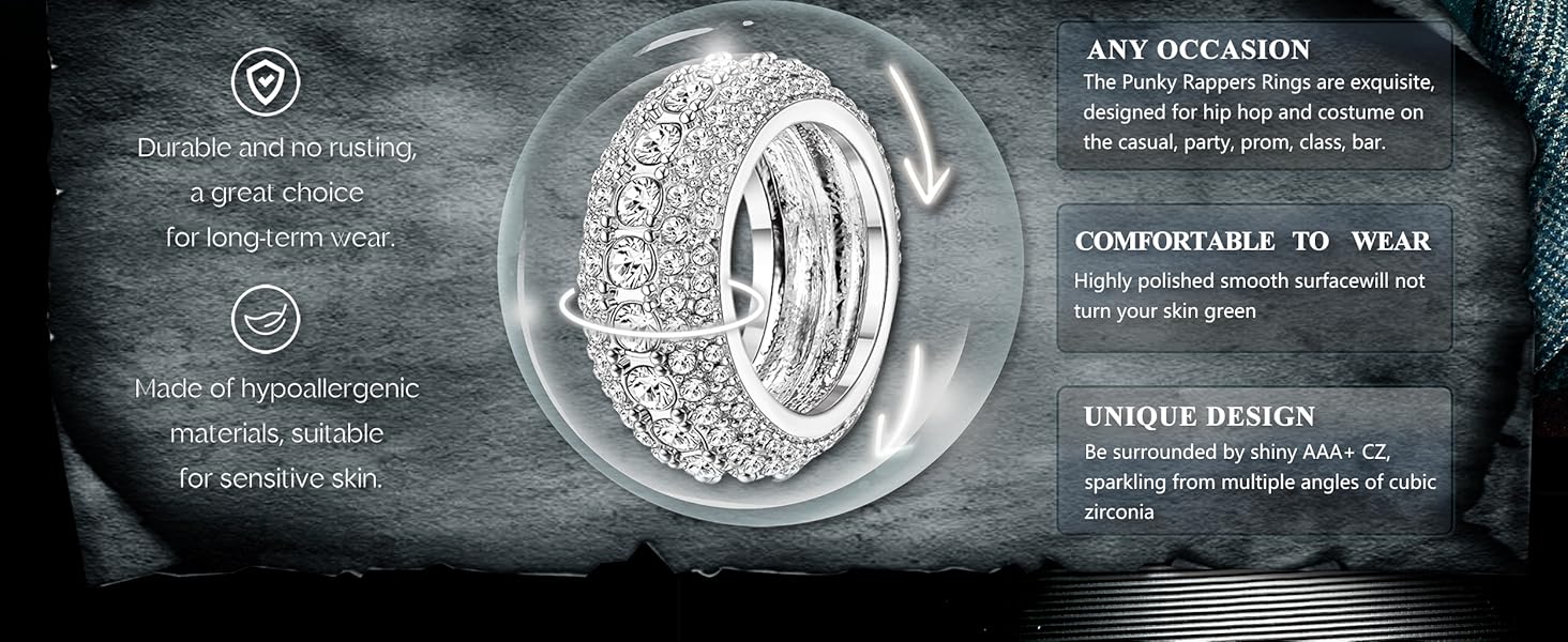 Sanfenly Iced Out Rings for Men Bling Fake Diamond Costume Pinky Rings Chunky Gold Silver 80s 90s Hip Hop Rings Star Cuban Chain Square US Dollar Sign Rapper Ring Fashion Cosplay Man Jewelry Ring Set