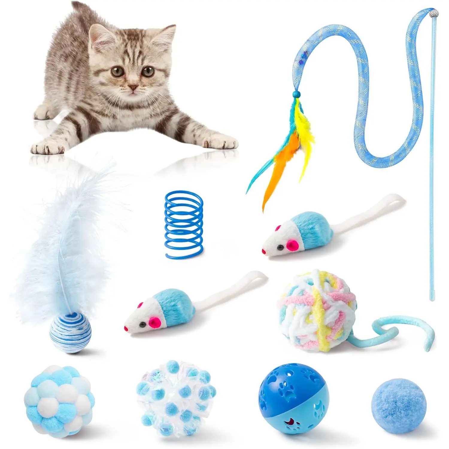 Cat Toy Set Interactive Cat Toys 10Pcs Pack Including Cat Springs Feather Teaser Wand Mice Crinkle Balls and Pet Bell Balls, Puzzle Interactive Pet Gift Pack Toys for Indoor Kitten (Blue)