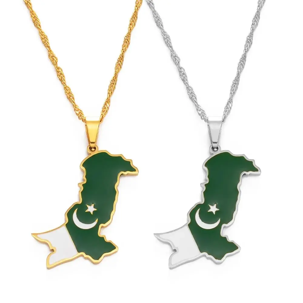 Gold Color Plated Pakistan Map Shape Pendant Necklace - 3.2cm Ethnic Style Stainless Steel Jewelry with Flag Motif, Customized Design for Adults, Daily Wear, Ethnic Style Necklaces, Country Flag Pendant Necklaces