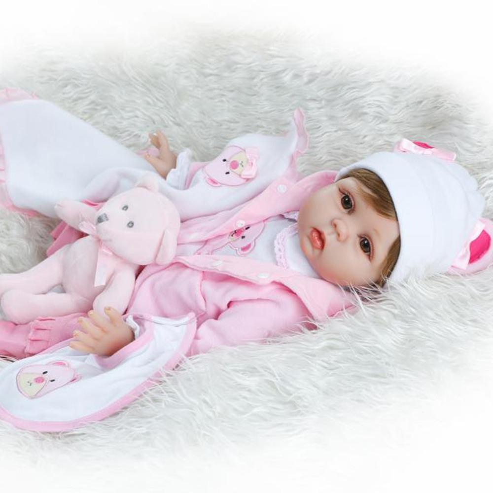 22 Inch Realistic Girl Doll With Bear Doll, Realistic Baby Girl Doll with Plush Bear Set, Lifelike Reborn Baby Doll Set, Lifelike Reborn Doll, Gift Toy For Kids, Reborn Baby Dolls