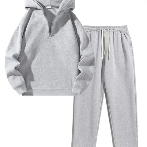 Men's Plain Two-piece or three-piece Casual Sporty Sweatsuit Set, Basic Regular Fit Casual Drop Shoulder Half Zip Hoodie & Pocket Drawstring Sweatpants, Casual Athletic Sportswear, Men's Clothing #GLOBAL PICKS