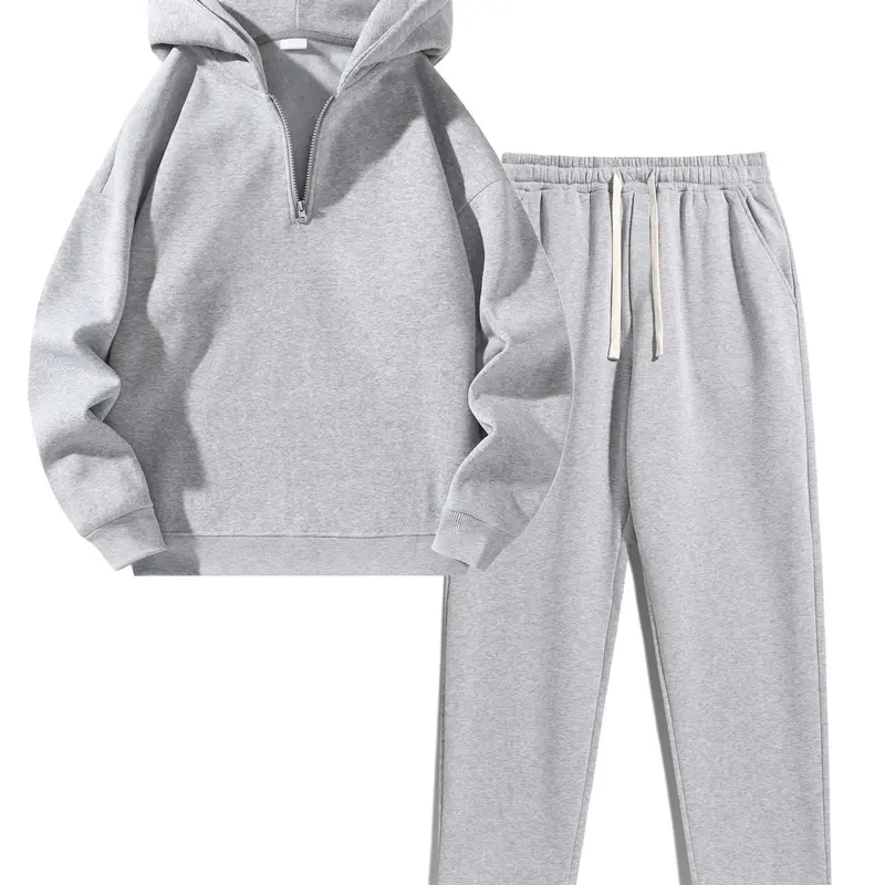 Men's Plain Two-piece or three-piece Casual Sporty Sweatsuit Set, Basic Regular Fit Casual Drop Shoulder Half Zip Hoodie & Pocket Drawstring Sweatpants, Casual Athletic Sportswear, Men's Clothing #GLOBAL PICKS
