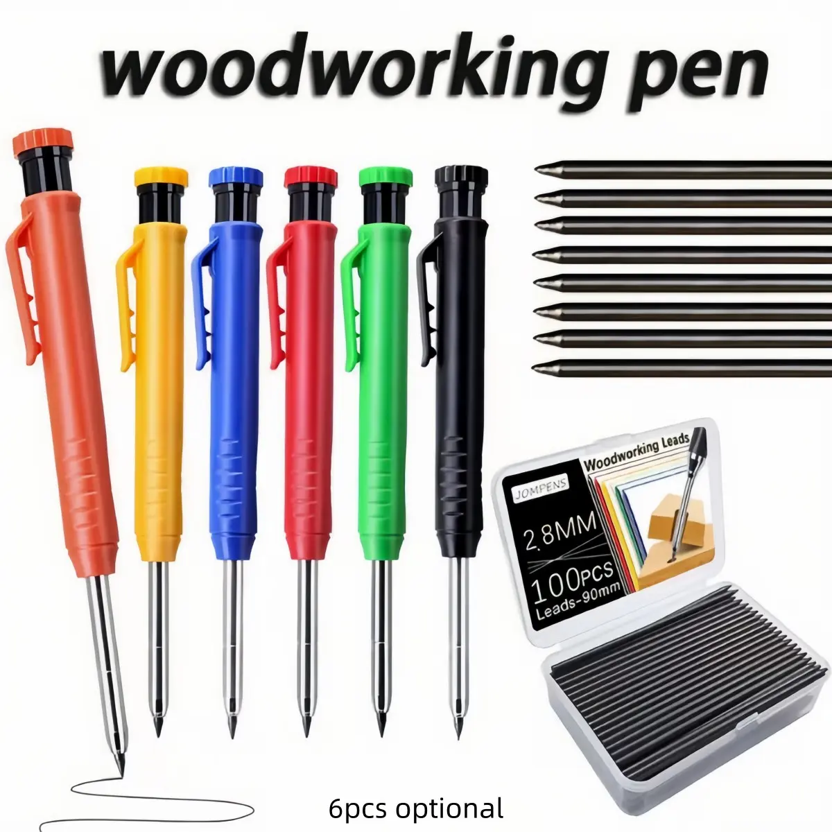 6pcs Professional Woodworking Pencil Set, Includes 100 Lead Sticks, Ideal for Deep Hole Marking, Precision Writing Tools