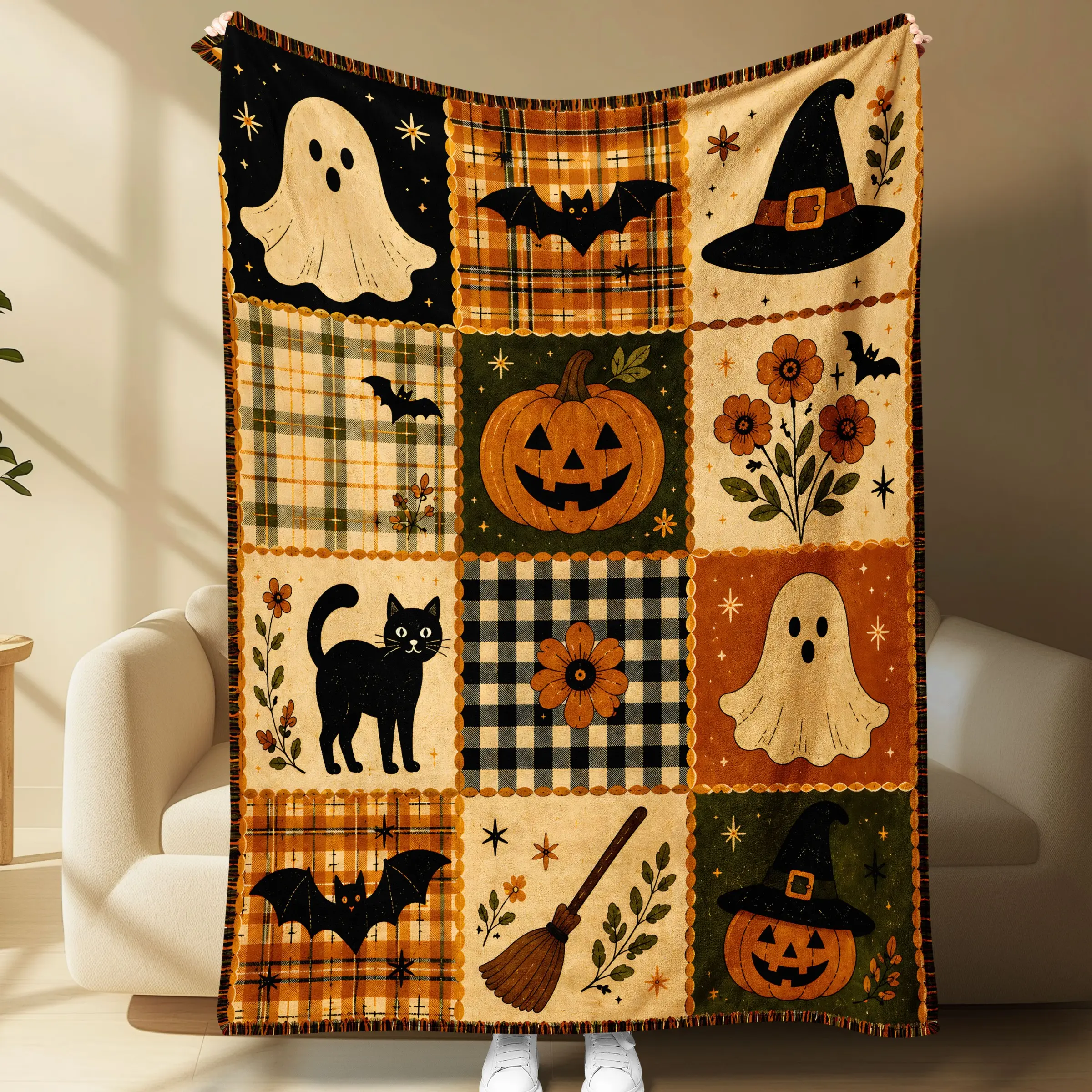 Vintage Halloween Patchwork Flannel Throw Blanket, Ghost Pumpkin Cat Bat Witch Hat, Soft Cozy Warm for Couch Sofa Bed, Fall Home Decor