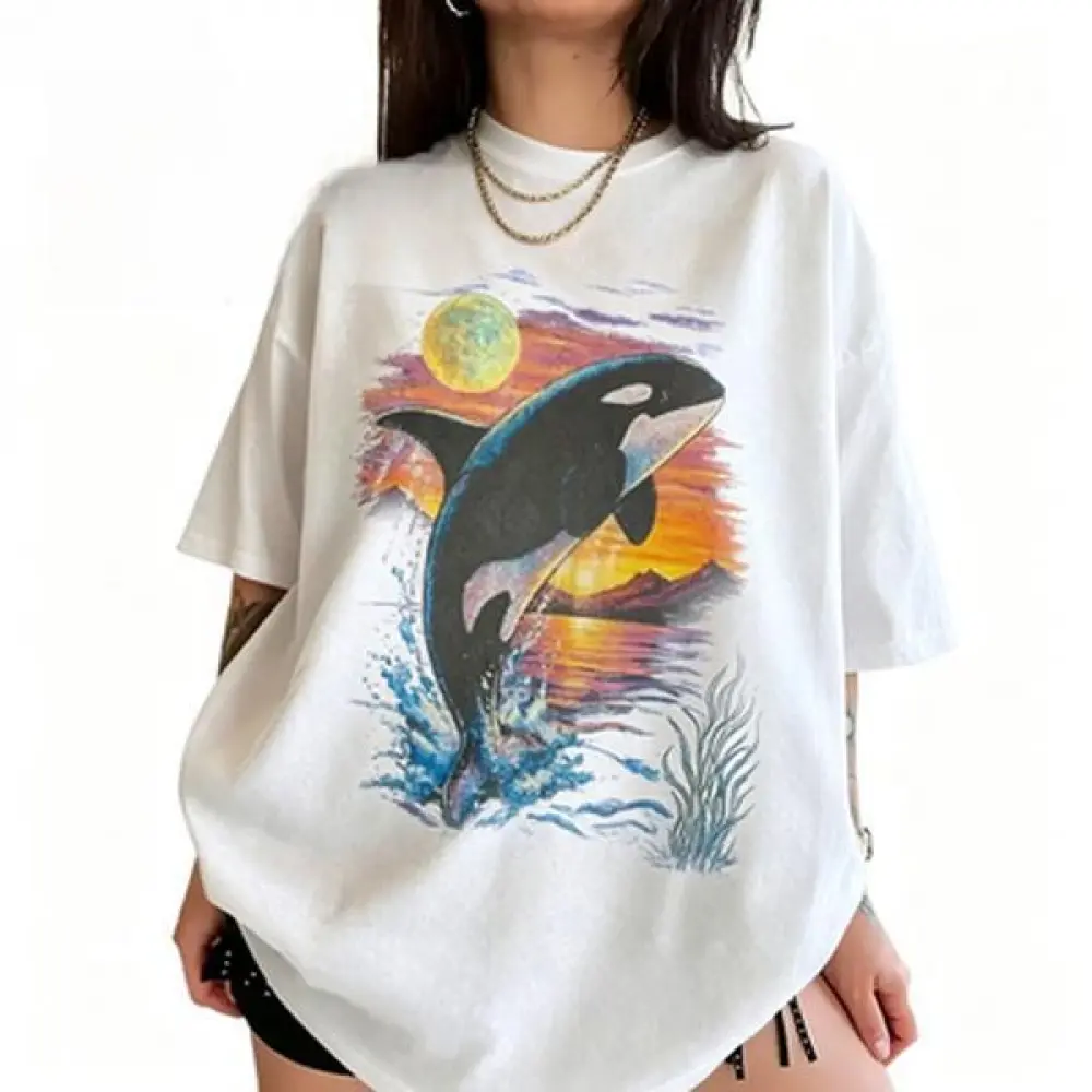 Orca Midnight Retro Style Comfortable Color Shirt, Retro Ocean Shirt, Orca Shirt, Moonlight Ocean Lightning T-shirt, 90s Marine Life Pattern Top, Unisex Soft Ribbed Fabric Knit#heatwave、#summervibes summerwins