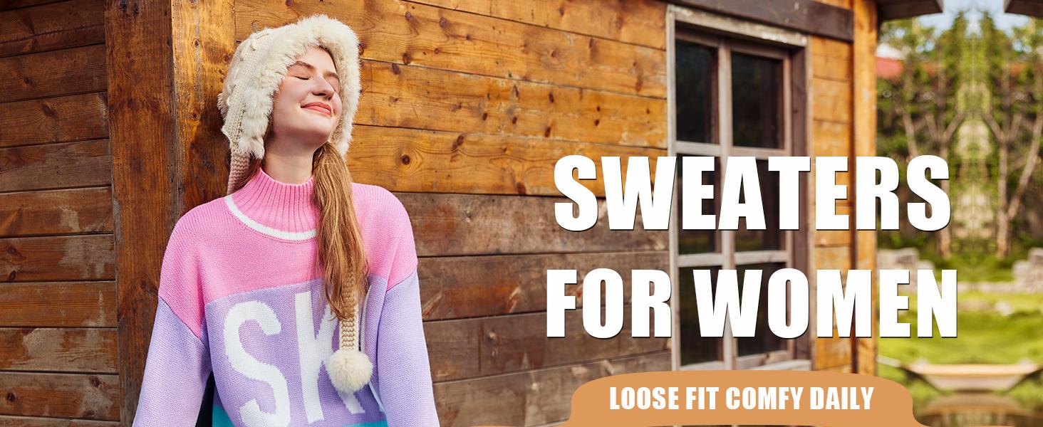 Yousify Womens Sweaters Fall 2024 Oversized Color Block Ski Sweater Crewneck Winter Tops S-2XL