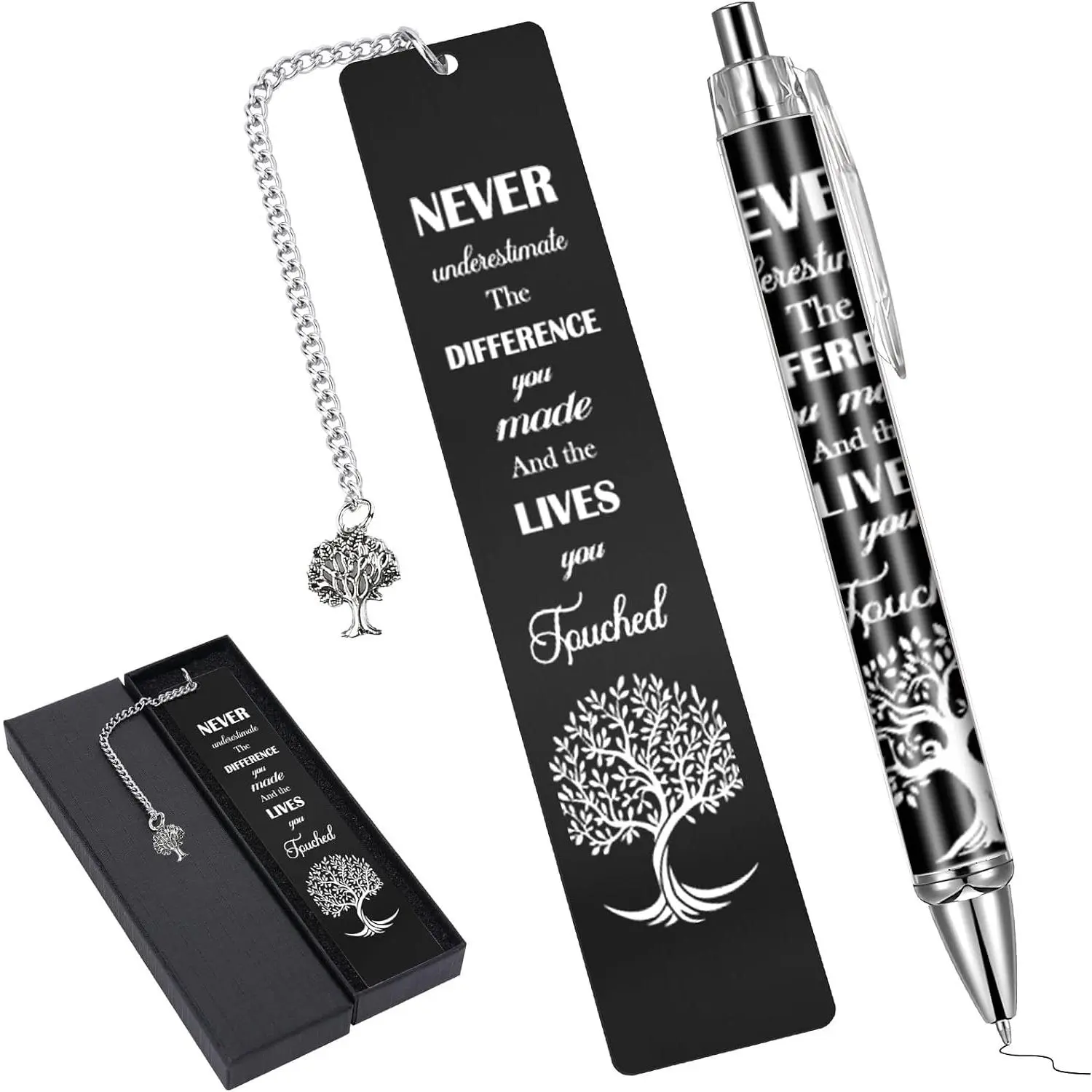Inspirational Bookmark with Pen Gifts - 2 count Black Motivational Quotes Metal Book Mark Tree of Life Charm Page Marker for Reading Women Men Birthday Appreciation  Graduation