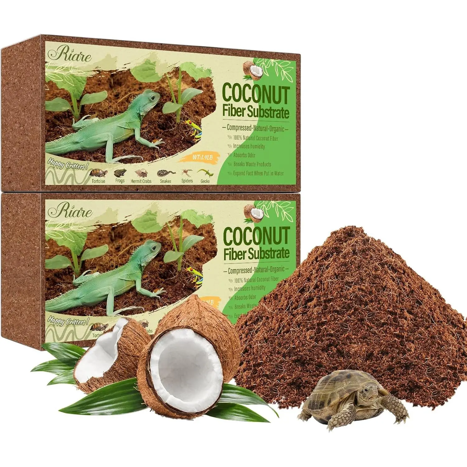 2 Pack Natural Coconut Fiber Substrate for Reptile - Premium Compressed Coconut Husk Terrarium Bedding for Reptiles, Tortoises, Frogs, Snakes, Hermit Crabs and Burrowing Animals