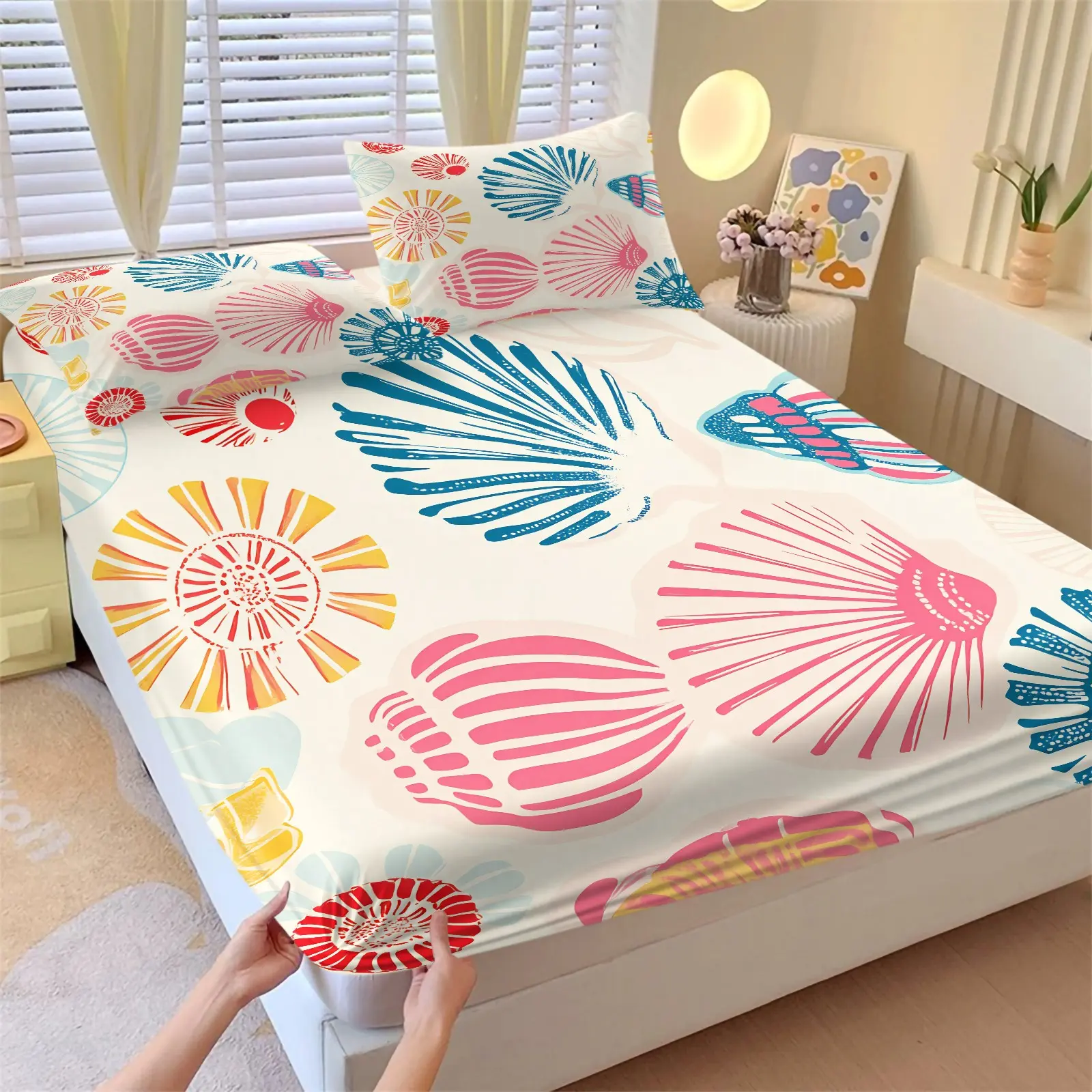 3Pcs Colorful Coastal Ocean Seashell Fitted Sheet Set, 1 Fitted Sheet & 2 Pillowcase, Soft Nautical Themed Bed Sheets Set Bedding Set No Filling, Soft Microfiber for Kids and Adults Bedroom Dorm Home Decor