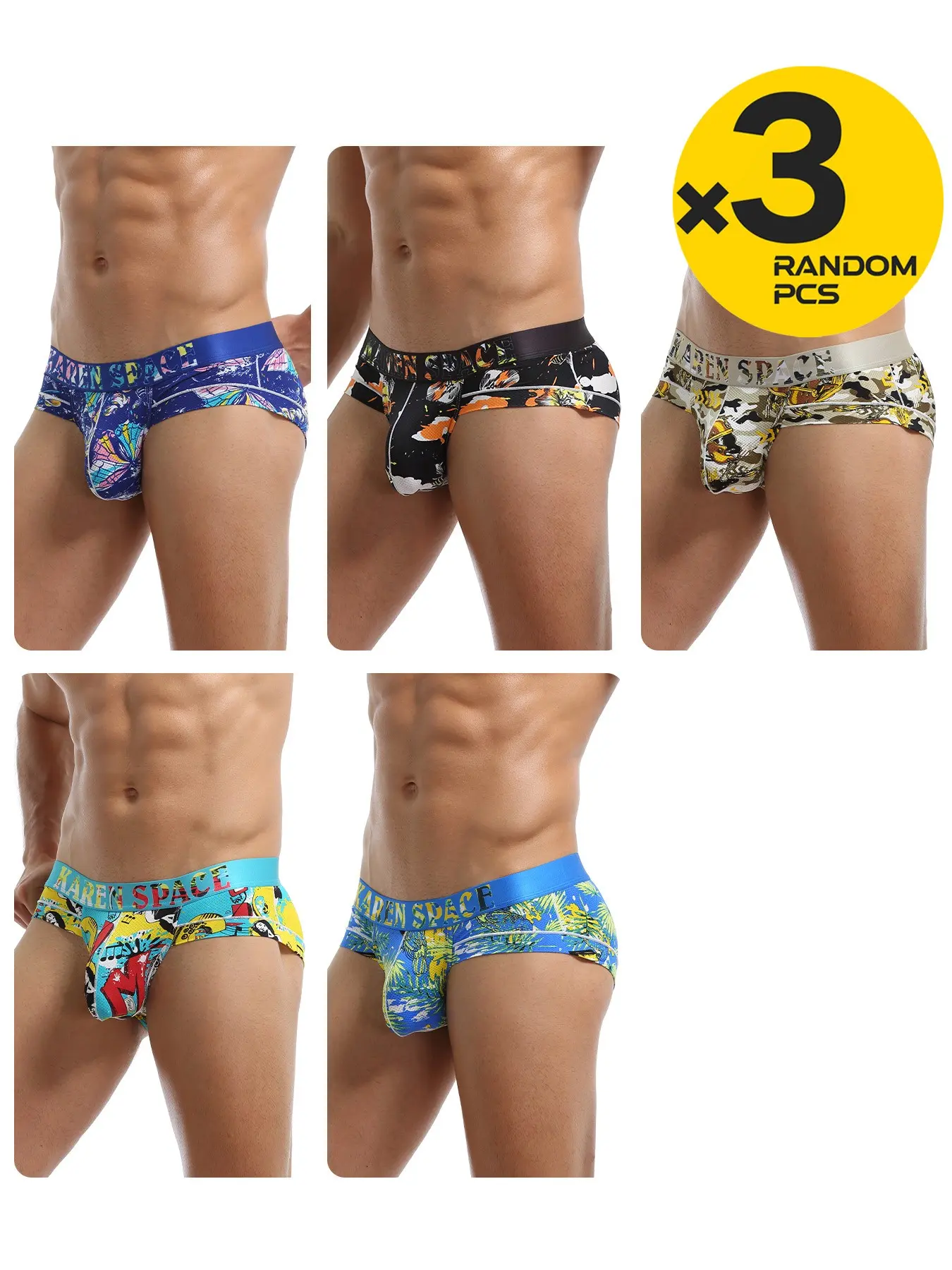 2/3/4Pcs Men Low Rise Tropical Print Bikini Briefs, Random Assorted Colors, Thin Mesh Breathable Fabric, 3D U Pouch, Underwear For Home, Daily Leisure & Outdoor Sports