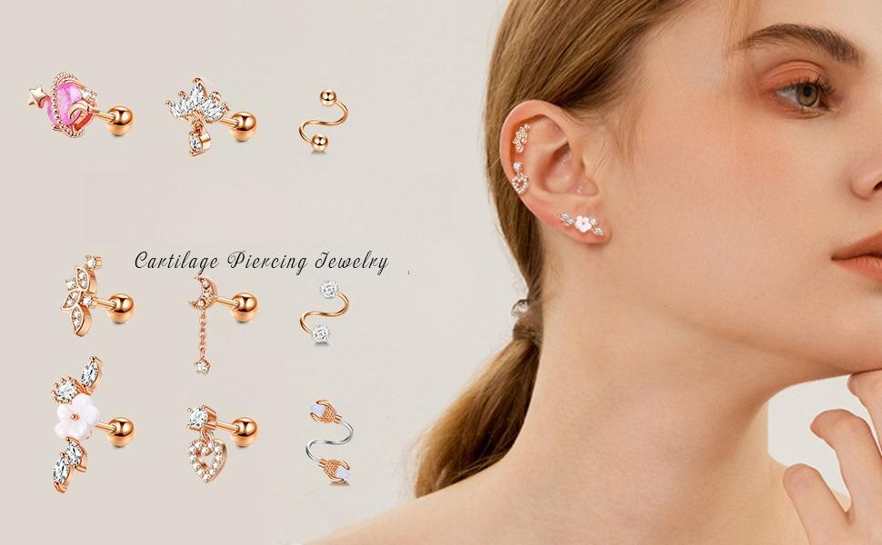 9Pcs 16G Stainless Steel Cartilage Earring Set Saturn, Moon & Flower Piercing Jewelry | Helix, Tragus, Conch & Daith Studs | Hypoallergenic Ear Curation Kit