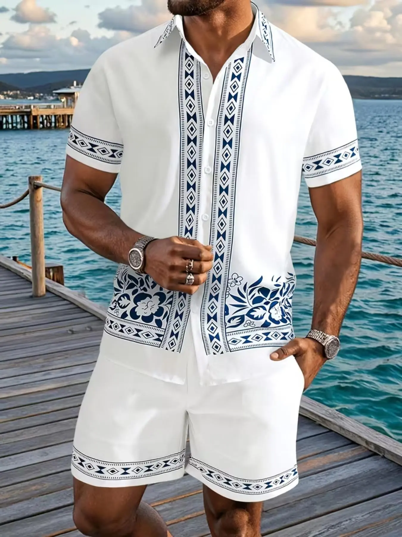 Beach Surfing Holiday Shirt Set, Simple Tropical Pattern Design, Drawstring Shorts + Collar Blouse, Soft Material, Fitted Style, Unisex