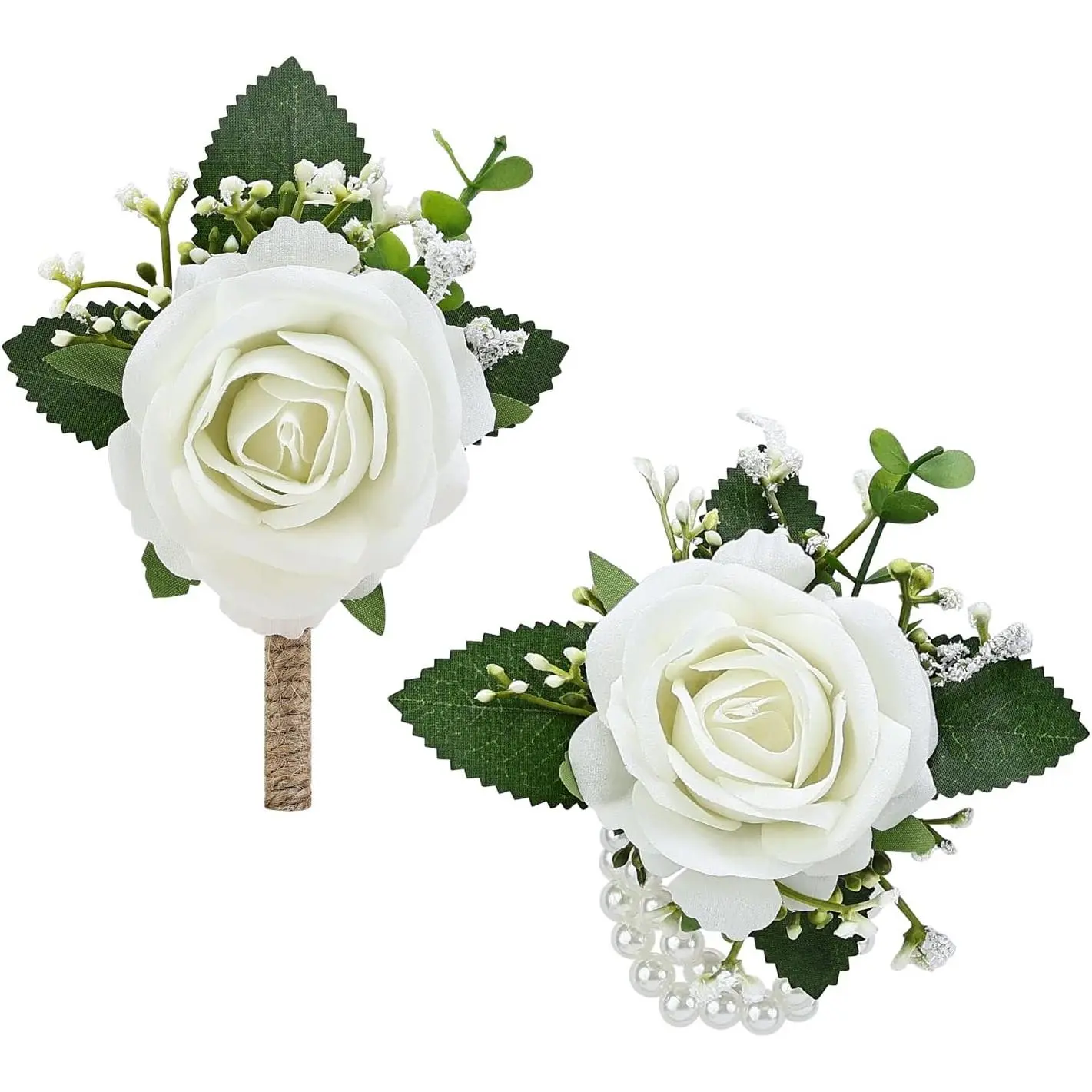 2Pcs White Rose Corsage and Men Boutonniere Set, Wrist Band Bracelets, for Wedding Bride Bridesmaid Groom Groomsmen Flower Accessories Prom Party Man Suit Decor