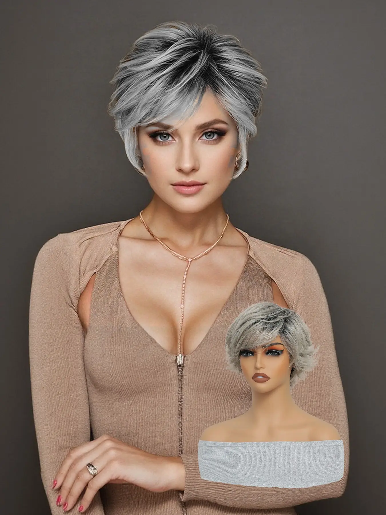 LEhan 8 Inch Grey Pixie Cut Synthetic Wig With Bangs Short Straight Layered Wigs For Women Use for Daily New Year Christmas Black Friday Halloween Wear Wig