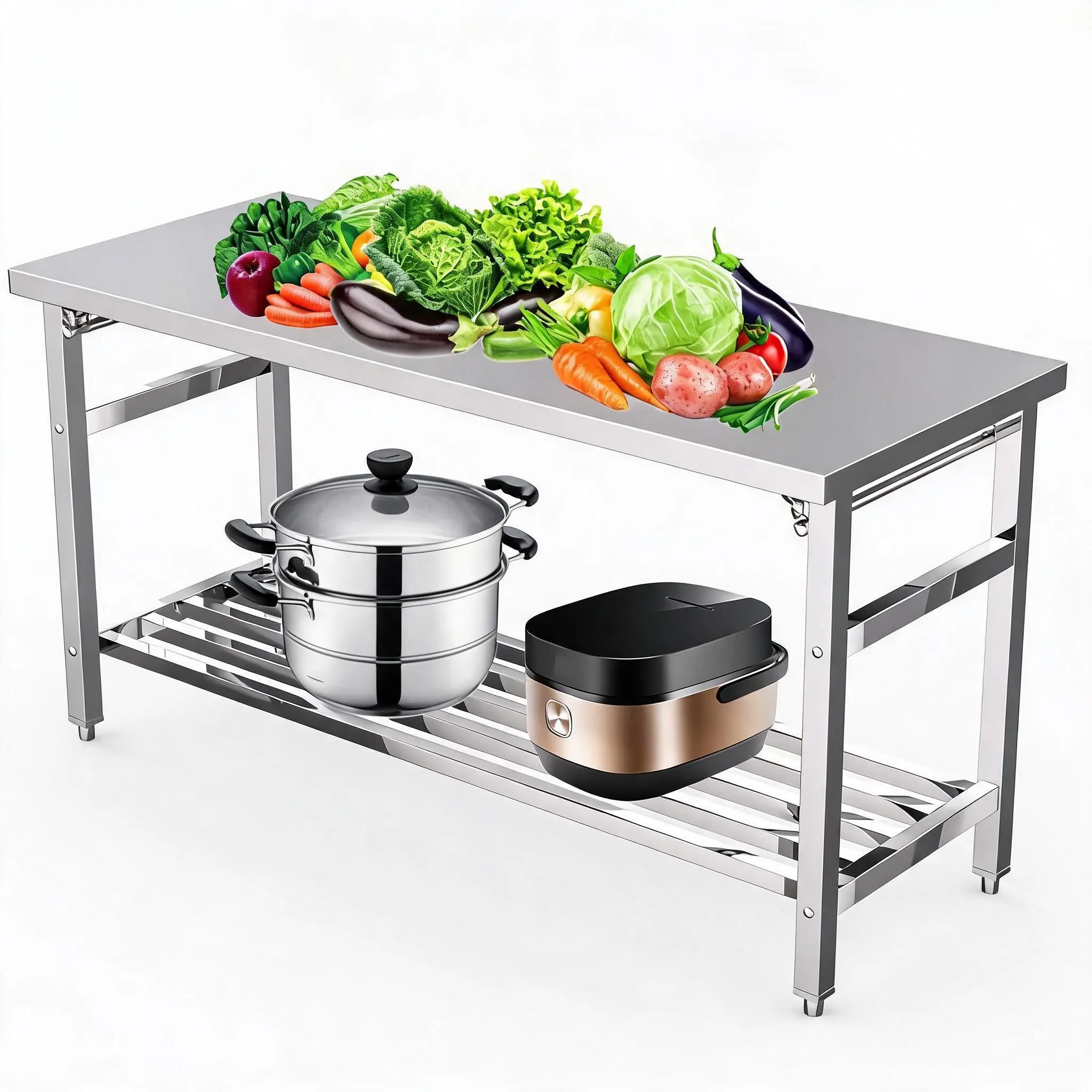 NSF Certified Rectangular Stainless Steel Commercial Work Table with Solid Surface, Metal Frame - 24x60in Heavy-Duty Folding Workbench, Adjustable Shelf, Easy Assembly Portable Prep Station for Commercial Kitchen, Laundry - Silver
