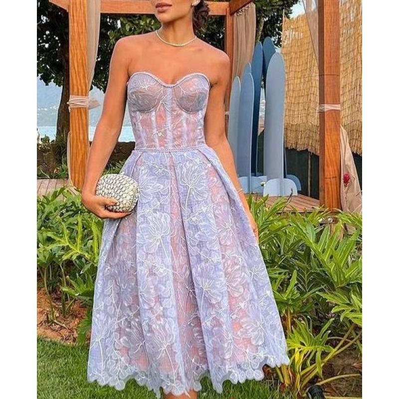 Evening Dress, Women's Dress, Slim Fit Strapless Dress, Sexy Embroidered Lace Dress. Elegant White Embroidery Formal Wear