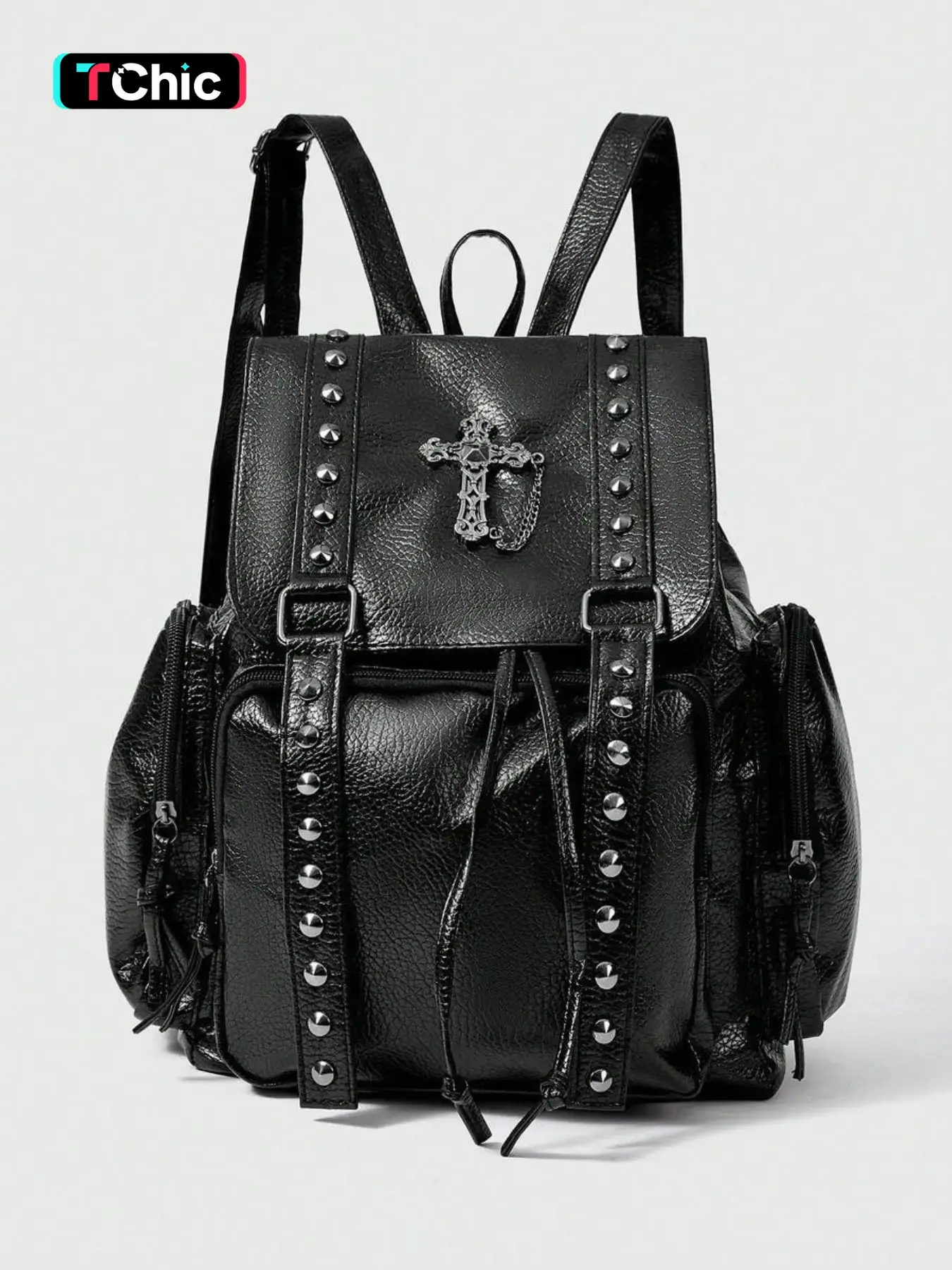 Black punk drawstring flip backpack, retro gothic style women's cross rivet backpack, multi pocket large capacity, Stylish Daypack, suitable for campus, daily travel, streetwear Y2K dark fashion matching