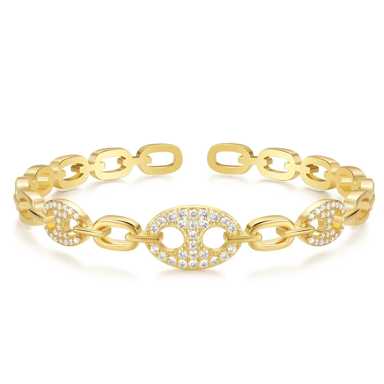 Loveden 14K Gold-Plated Brass Paperclip Link Cuff Bracelet for Women - Iced Out Pave CZ Lock Open Bangle, Adjustable Size, Antitarnish Coat, Stackable Fashion Bracelet, Everyday Wear Birthday Gift for Her