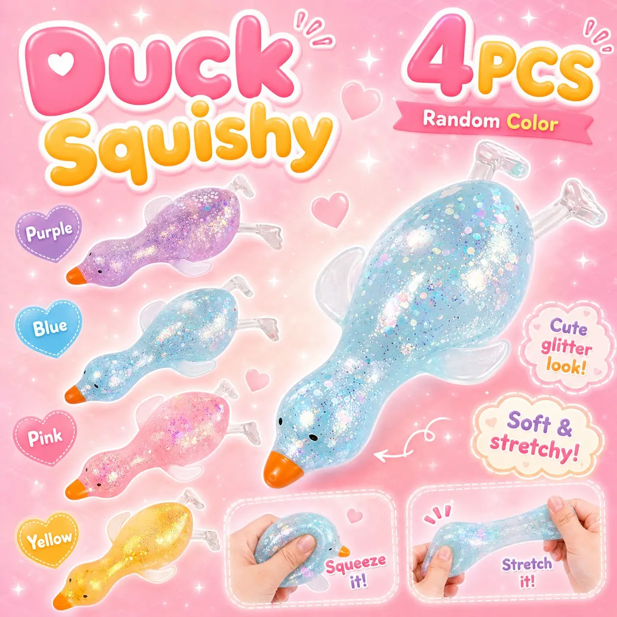 4PCS Cute Duck Squishy Stress Ball, Cute Duck Squishy Sugar Stress Ball, Soft Duck Stress Relief Sugar Ball Toys and Moldable Slow Rise Relaxing Sensory Fidget Stress for Anxiety Relief Glittery Squishies