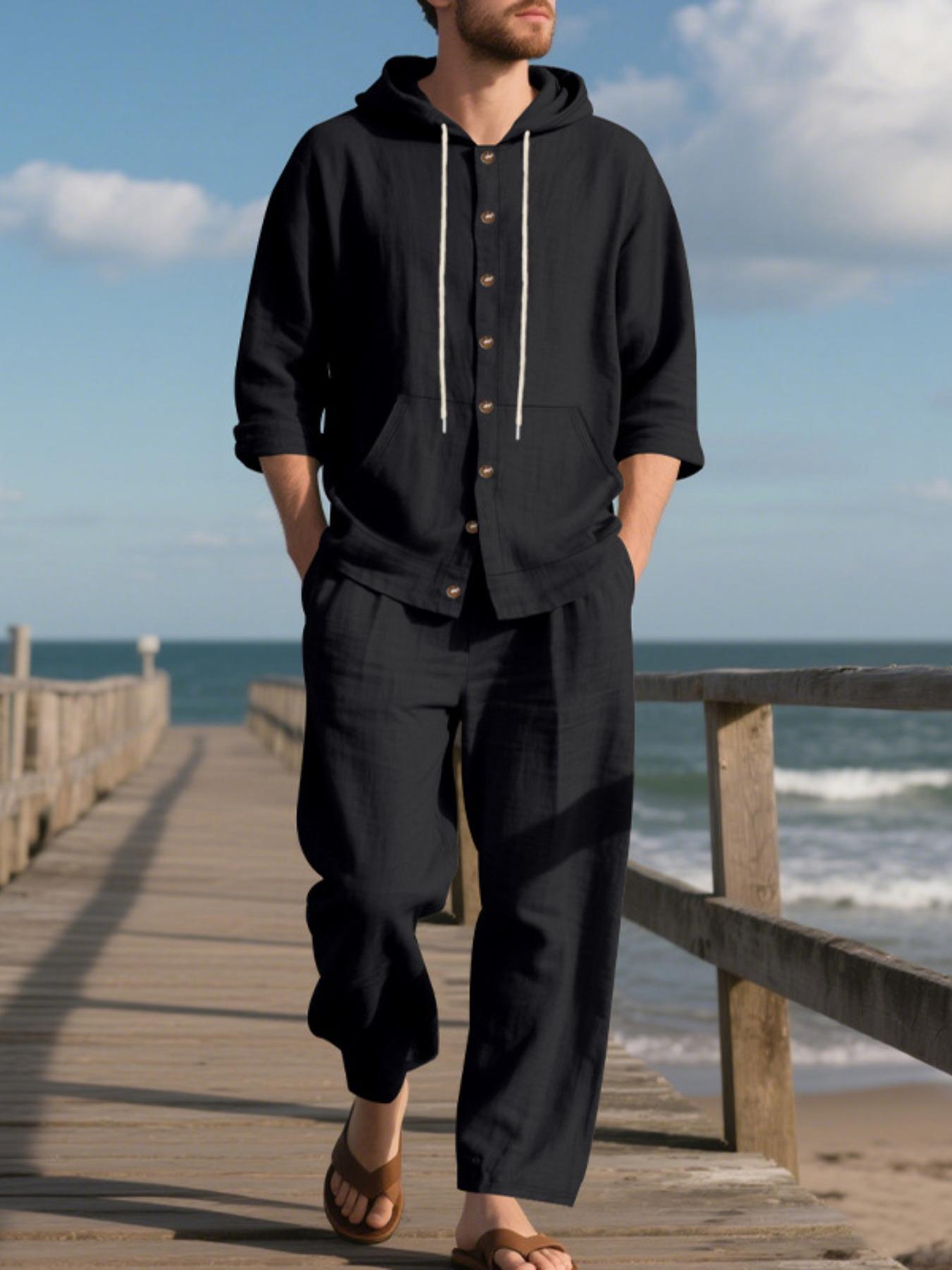 Men's Solid Button Design Long Sleeve Hooded Top & Pants Two-Piece Set, Loose Casual Comfy Breathable Two-piece Outfits for Spring & Fall, Men's Clothes for Daily Wear