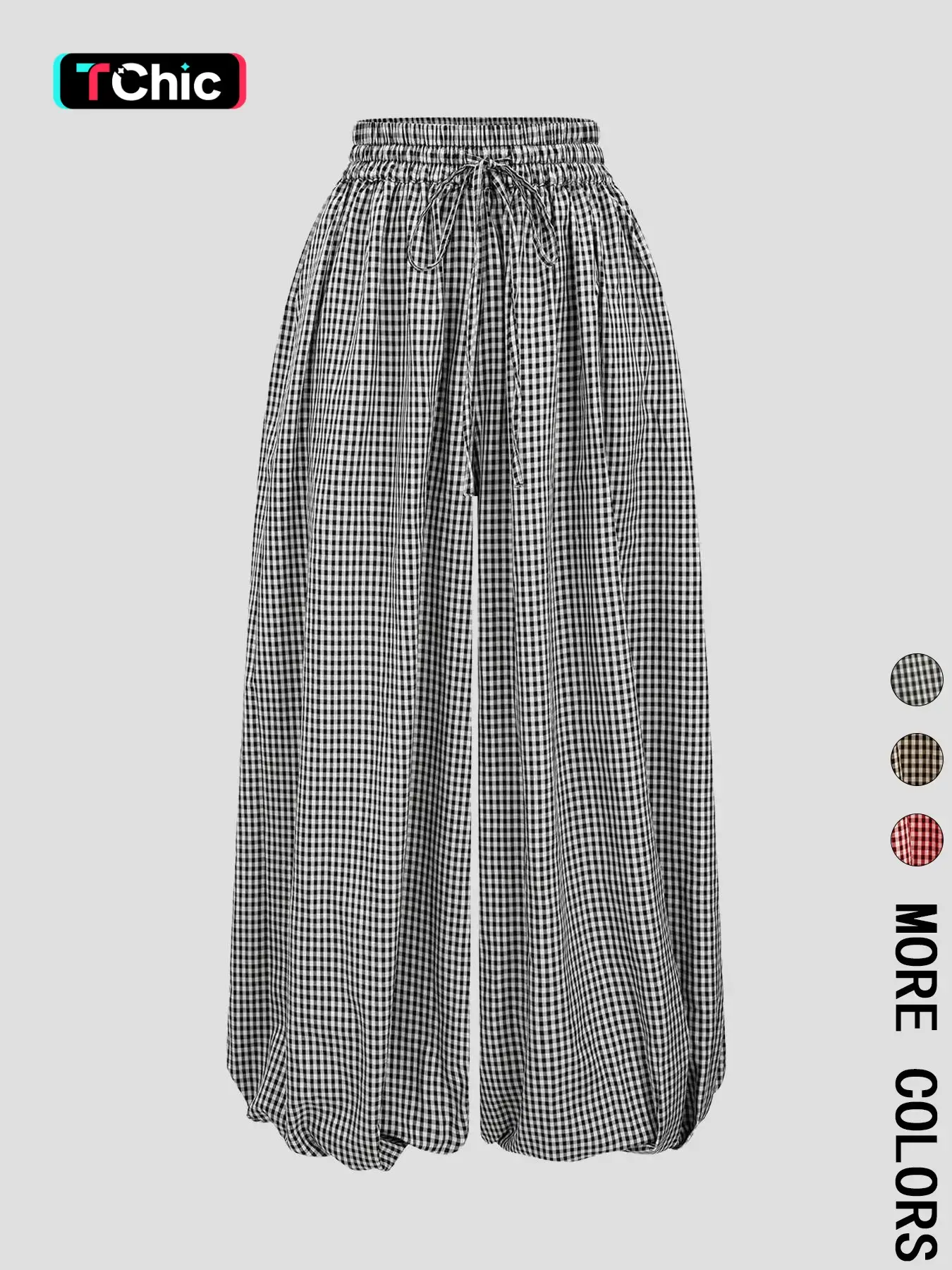 Women's Gingham Woven Wide Leg Pants, Elastic Adjustable High Waist with Drawstring, Balloon-Hem Casual Loose Fit, Daily Vacation Chic Trousers