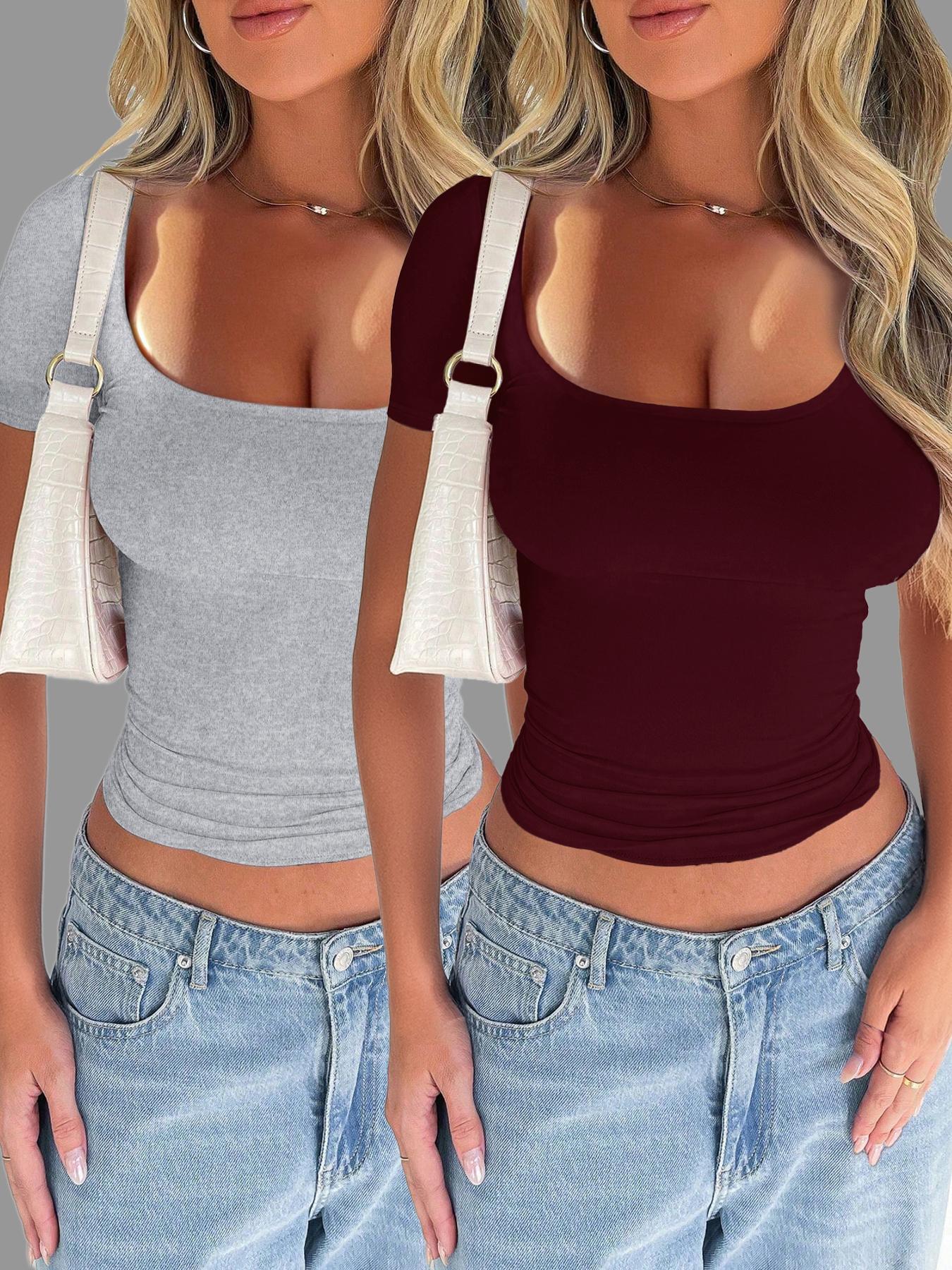 Pure Color Basic Casual Slim Fit U Neck Short Sleeve T-Shirt, Summer Thin Fabric Kint Style Tee for Women, Comfortable Daily Wear