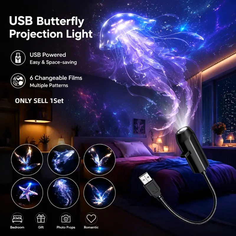 USB 5V Wall Mount LED Projector Night Light Jellyfish Lights with 6 Replaceable Ocean Slides Whale Jellyfish Butterfly Starfish Projection Lamp Bedroom Decor Gift