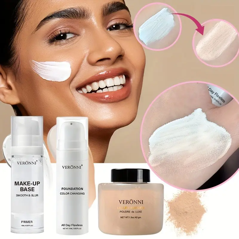 Veronni Foundation Set, Base Makeup Set, Flawless Makeup Kit, Primer, Liquid Foundation, Loose Powder, Poreless, Oil Control, Long-Lasting, Waterproof, Gift Box