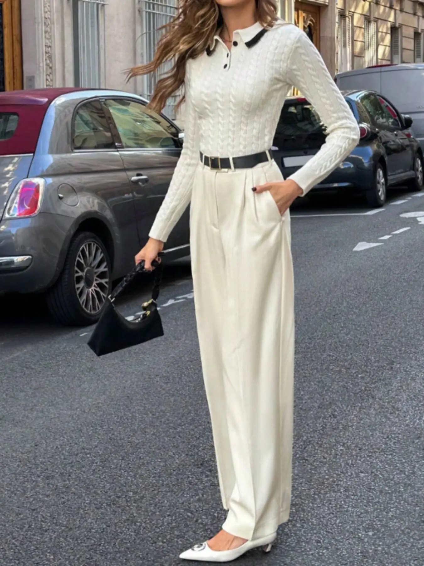 French Vintage Polo Neck Knit Sweater, Colorblock Slim Fit Long Sleeve Pullover, Women's Fashionable Cable Knit Top, Elegant and Stylish
