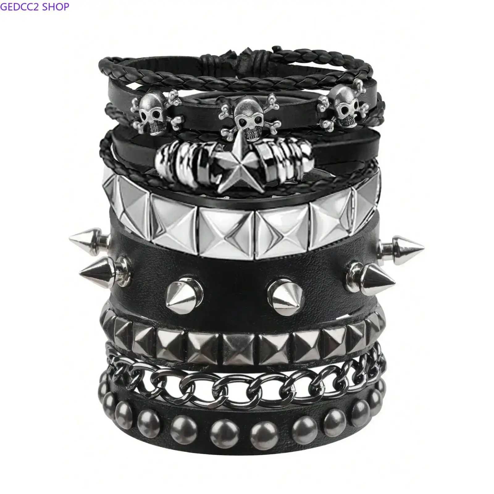 5PCS Y2K Punk Bracelet Set, Studded PU Leather Cuff Wristbands, Gothic Grunge Stackable Jewelry Accessories for Streetwear, Concerts & Festivals