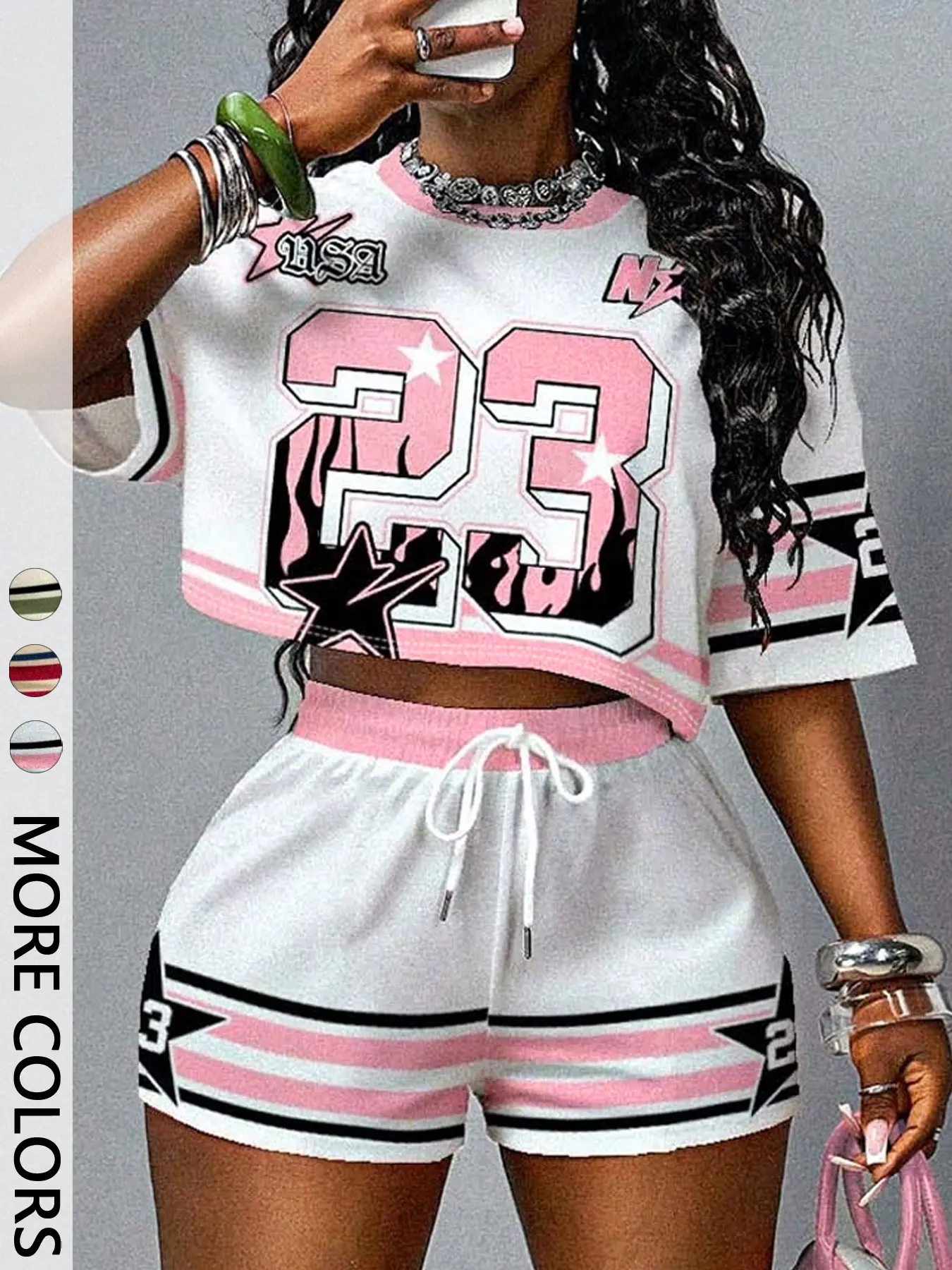 Women's Casual Colorblock Digital Print Short Sleeve Top and Shorts Set, Summer & Fall Fashion, Y2K Style Outdoor Wear, School Wear
