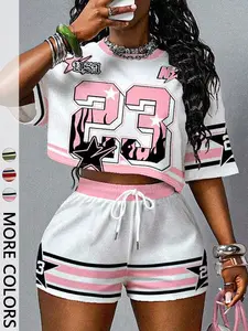 Women's Casual Colorblock Digital Print Short Sleeve Top and Shorts Set, Summer Fall Fashion, Y2K Style, Outdoor Wear, Schoolwear, Home Lounge