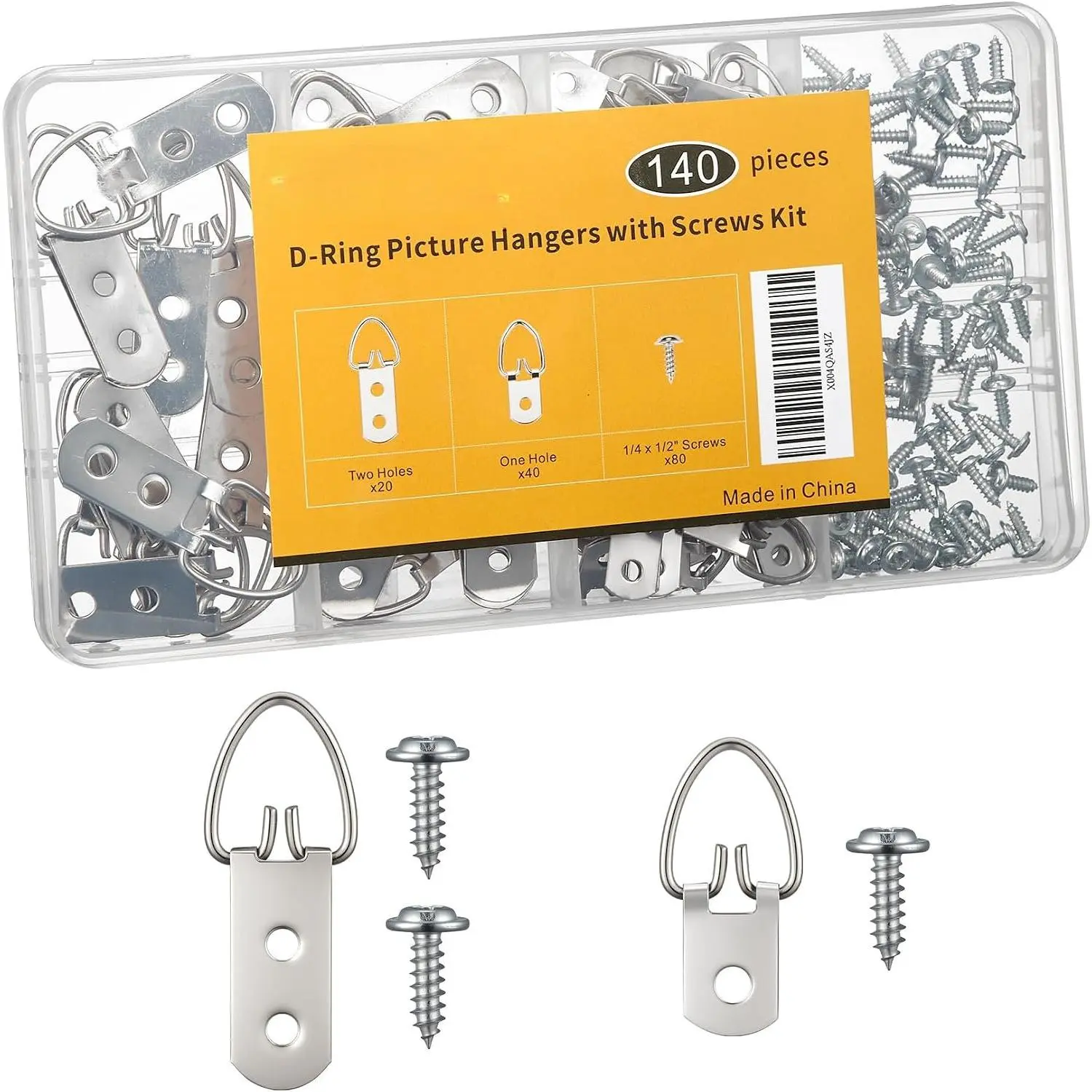 (2 Sizes, 140 count) D-Ring Picture Hangers with Screws Kit,Heavy Duty | 40 Single Hole & 20 Double Hole Hangers with 80 Screws, Wall Hooks for Frames, Mirrors, Canvas & Picture  Hardware