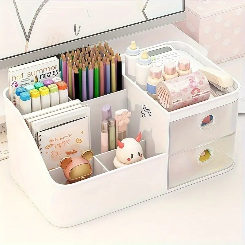 6 Compartment Desk Pen Organizer with 2 Drawers for Office and Study Supplies Stationery Organizer
