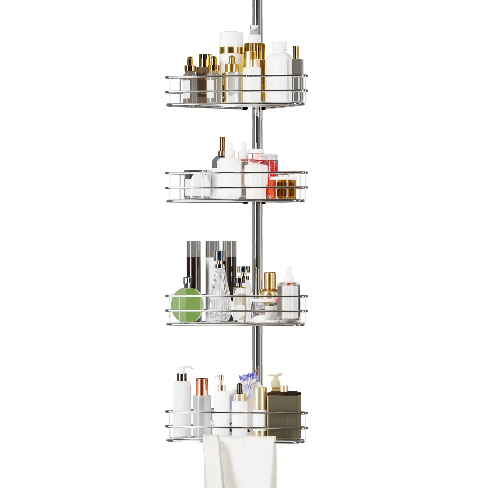 Corner Shower Caddy Tension Pole, 76 in-110 in Adjustable Bathroom Organizer Shelves, 4-Tier Rustproof Bathroom Shelves with Built-In Towel Bars to Space-Saving, Black/Silver