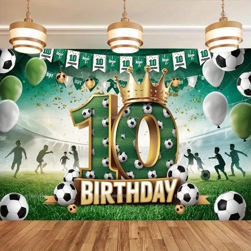 Soccer 10th Birthday Backdrop Football Trophy Balloon Theme Tapestry Wall Hanging Polyester Photography Background Kids Party Decor Studio Celebration Photo Booth Prop Banner