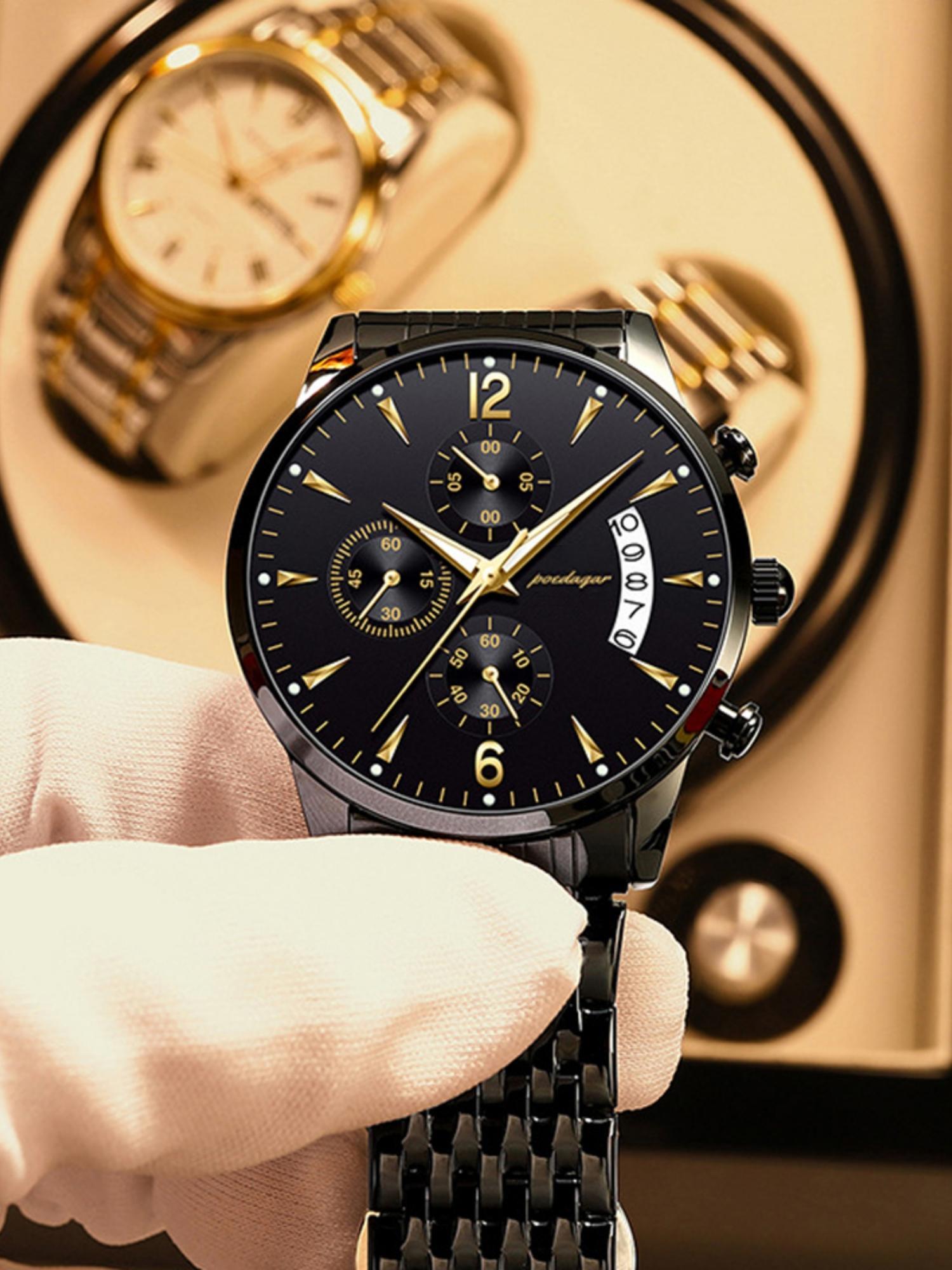 Men's Watch 30m Waterproof Business Fashion Gold Stainless Steel Strap Calendar Quartz Wristwatch Movement Luminous Fashionable Dial Gift for Father's Day Valentine's Day Water Resistant Watch