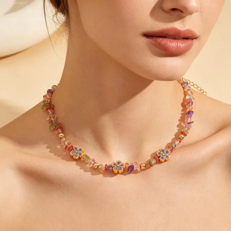 Whimsical Cottagecore Choker Necklace with Colorful Beaded Crystal Chips and Enamel Flower Pendant, Handmade Aesthetic Jewelry for Women, Choker Length, Beadcore Aesthetic, Female
