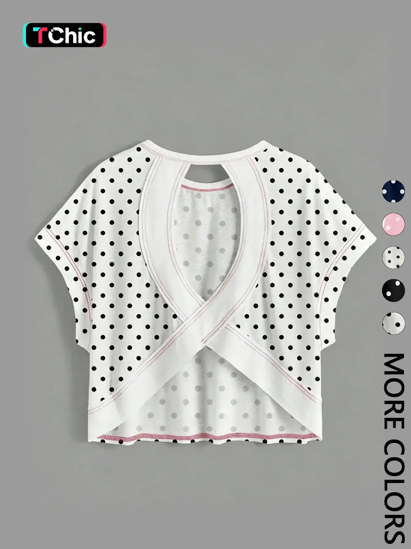 1 Women's Polka Dot Cropped T-Shirt | Back Cut Out Batwing Sleeve Top | Summer Beach Casual Streetwear | Y2K Coquette Daily Casual Outfit | Casual Stylish Tee | Casual Everyday Tops